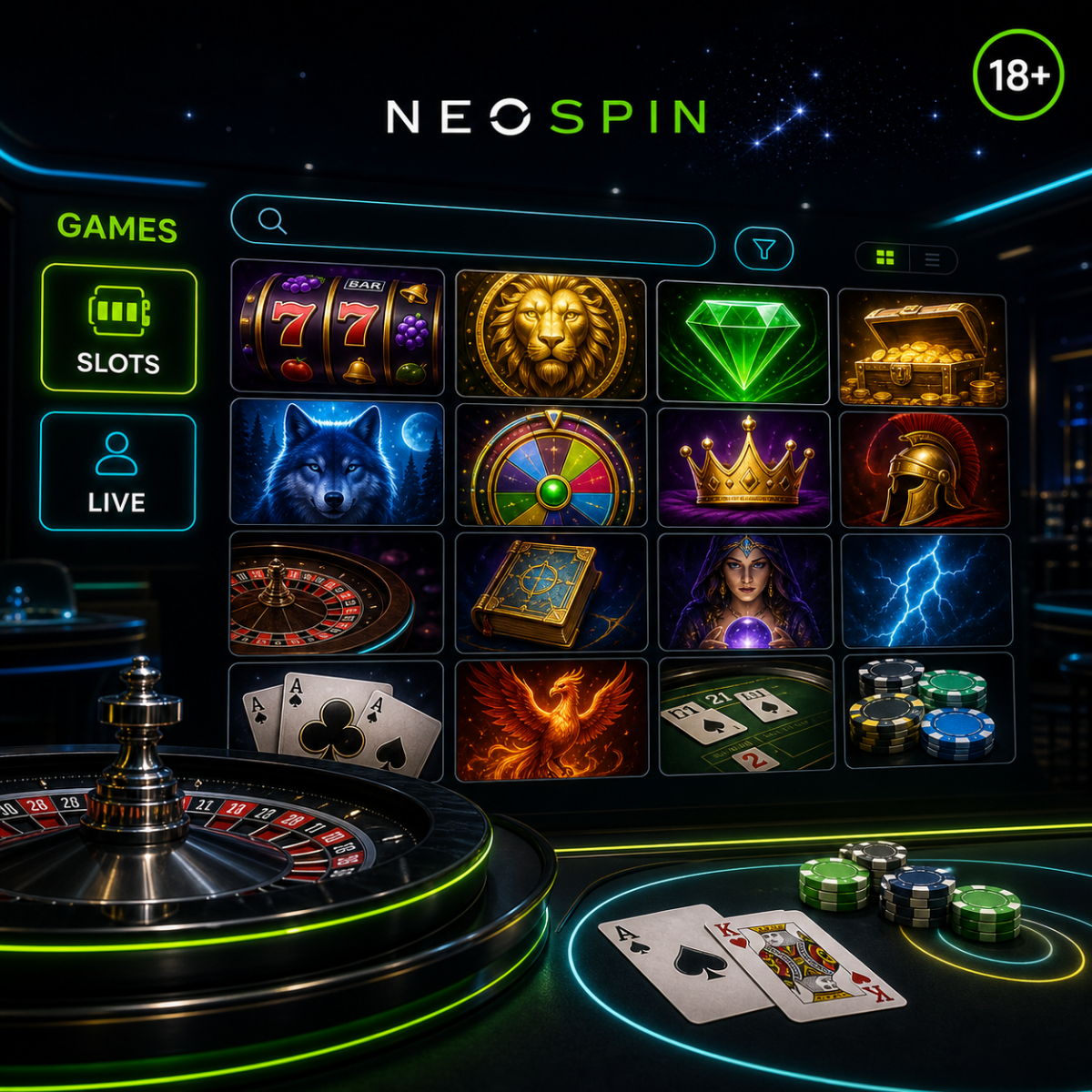 Neospin pokies and casino games lobby